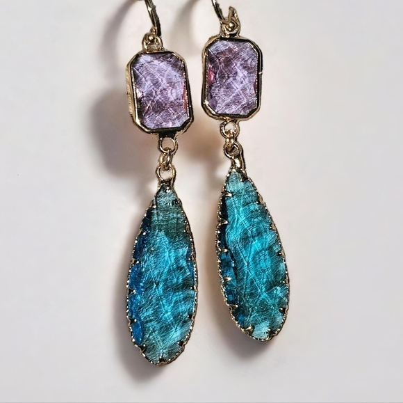 Drop two stone blue purple gold dangle earrings